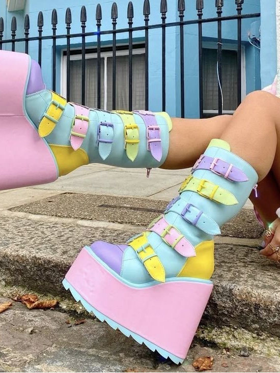 Dolls Kill Shoes - YRU Dune pastel butterfly buckles platform, rave boots